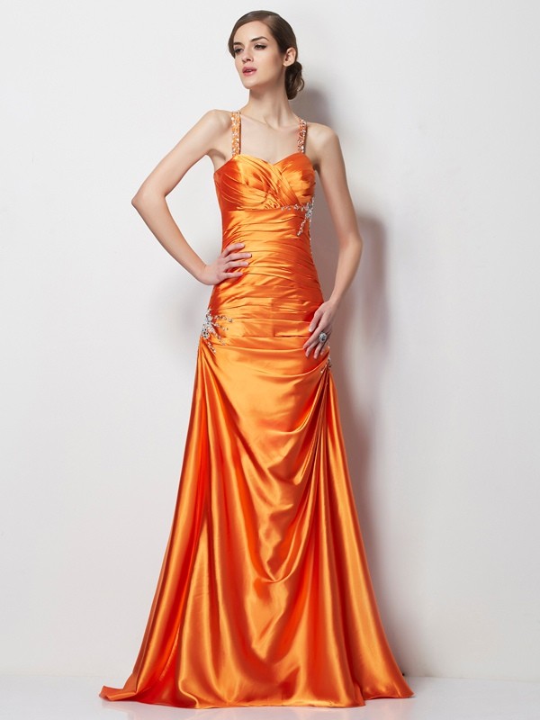 A-Line/Princess Spaghetti Straps Sleeveless Beading Long Elastic Woven Satin Dresses 4714