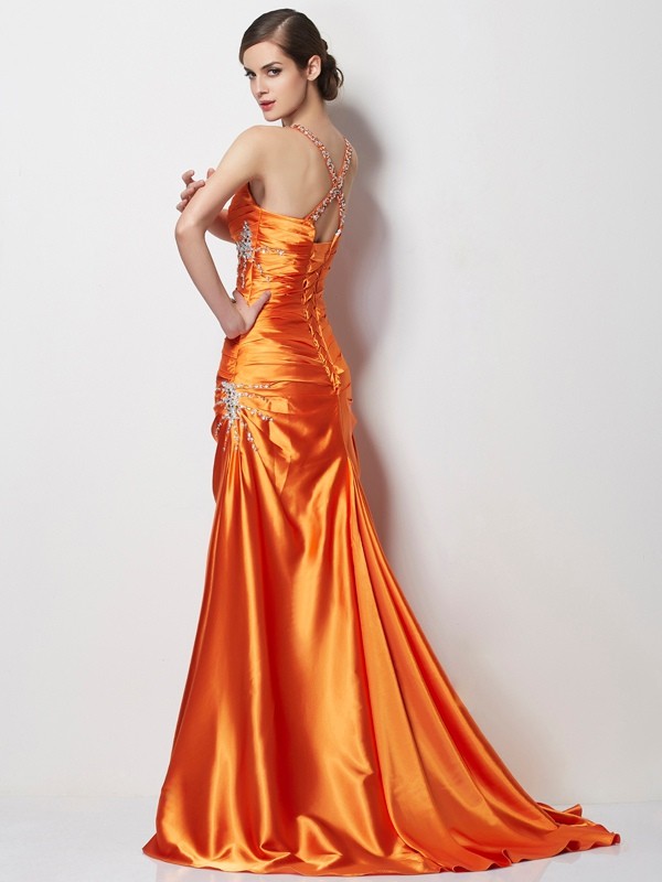 A-Line/Princess Spaghetti Straps Sleeveless Beading Long Elastic Woven Satin Dresses 4714