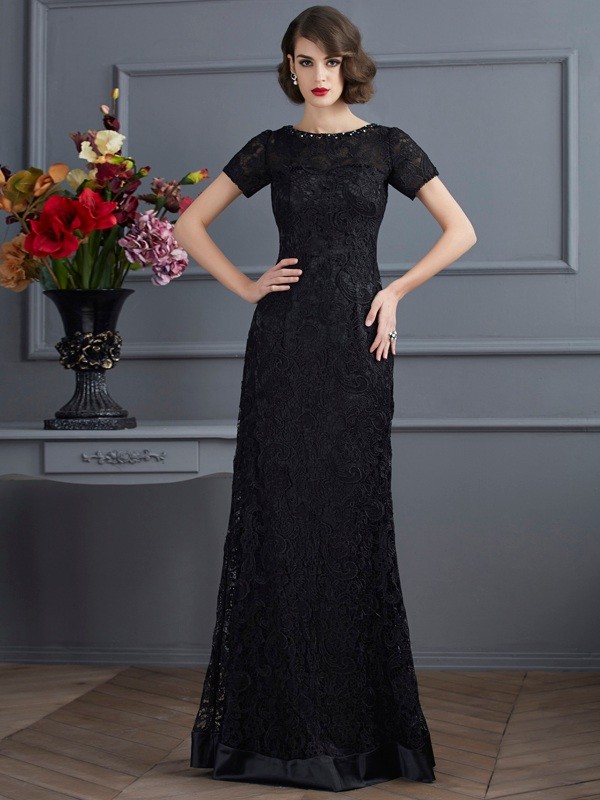 Sheath/Column High Neck Short Sleeves Lace Long Elastic Woven Satin Dresses 5988