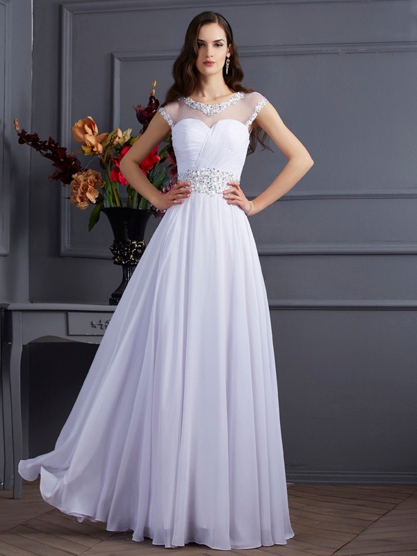 A-Line/Princess Bateau Short Sleeves Beading Long Chiffon Dresses 3386