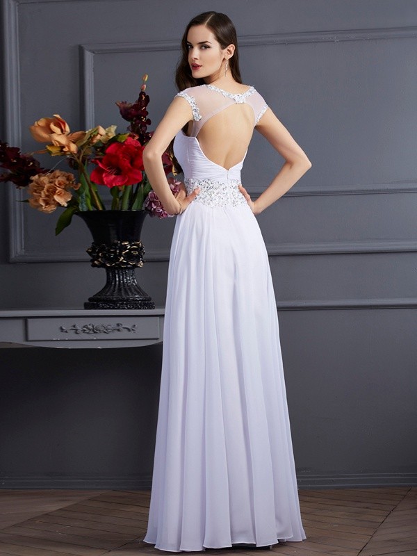 A-Line/Princess Bateau Short Sleeves Beading Long Chiffon Dresses 3386