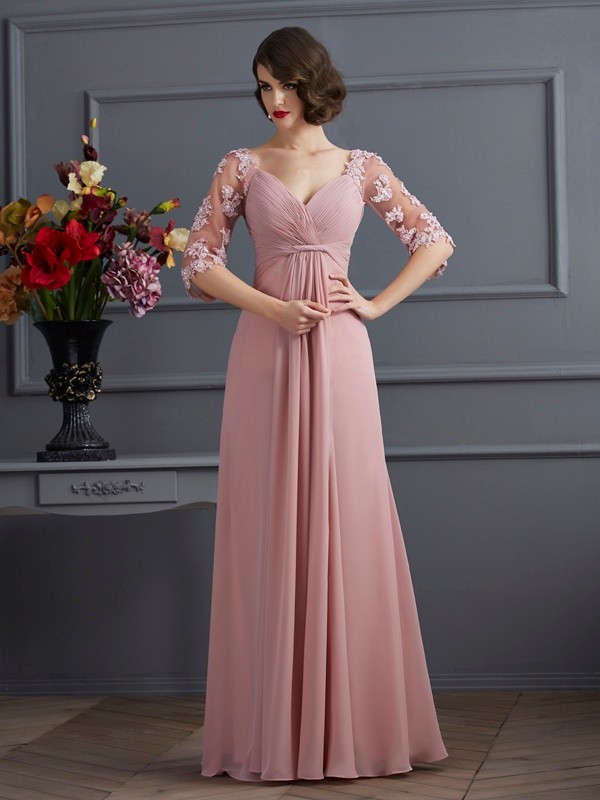 A-Line/Princess Sweetheart 1/2 Sleeves Beading Long Chiffon Dresses 4895