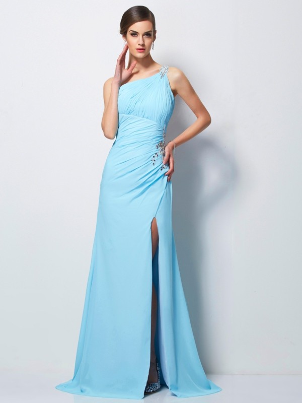 Sheath/Column One-Shoulder Sleeveless Beading Long Chiffon Dresses 6188