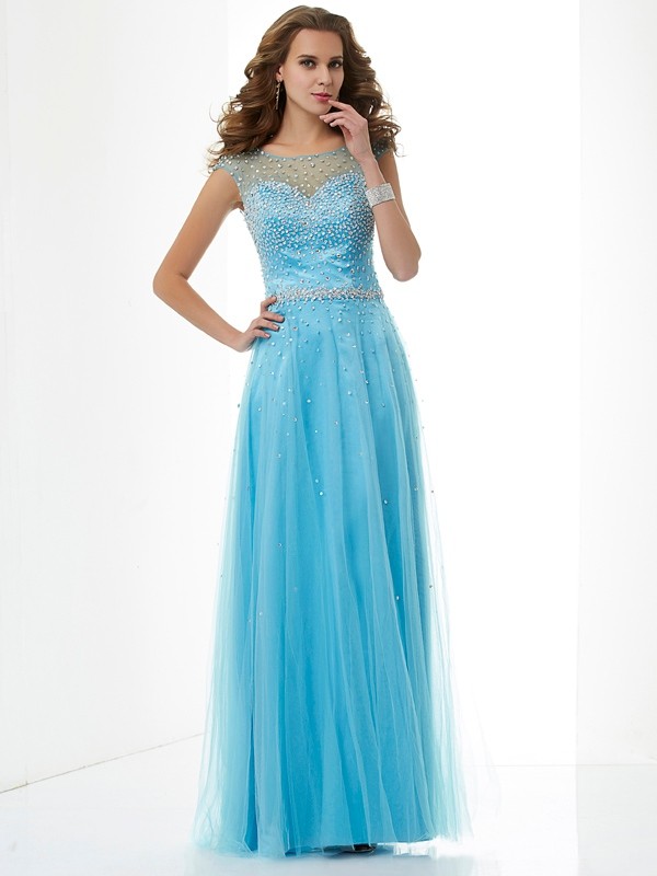 Sheath/Column High Neck Sleeveless Beading Long Net Dresses 5992