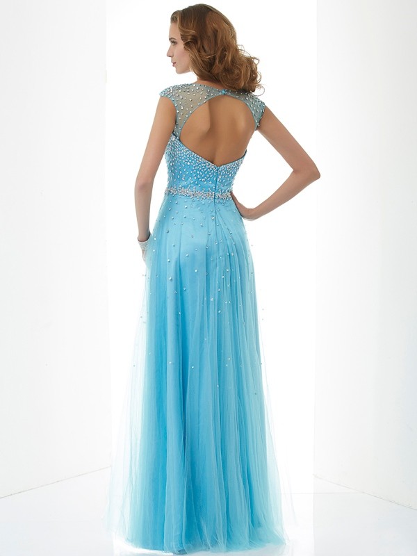 Sheath/Column High Neck Sleeveless Beading Long Net Dresses 5992