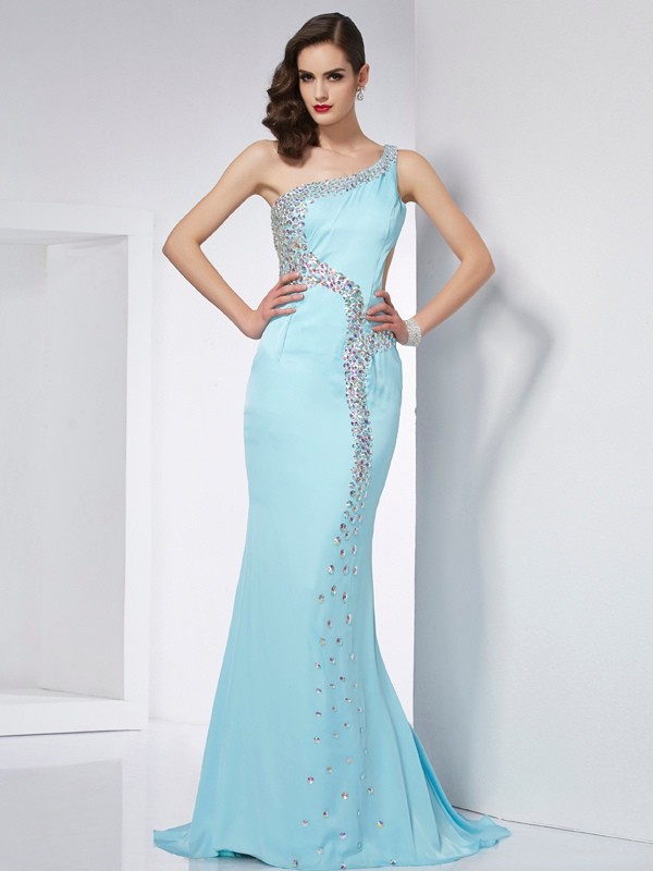 Trumpet/Mermaid One-Shoulder Sleeveless Beading Long Chiffon Dresses 7175