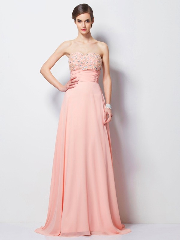 A-Line/Princess Sweetheart Sleeveless Beading Long Chiffon Dresses 5049