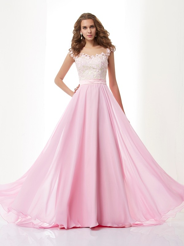 A-Line/Princess Straps Applique Sleeveless Beading Long Chiffon Dresses 4797