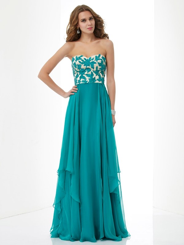 A-Line/Princess Sweetheart Sleeveless Applique Long Chiffon Dresses 5019