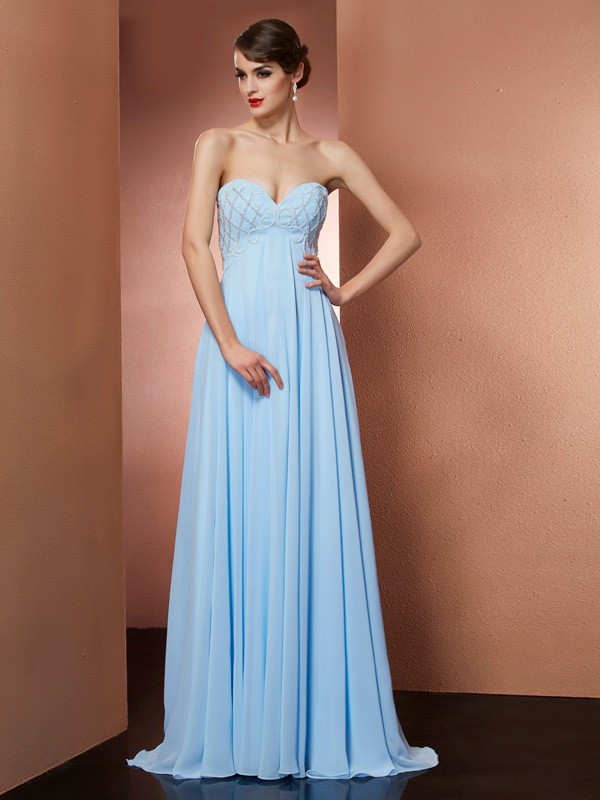 A-Line/Princess Sweetheart Sleeveless Beading Long Chiffon Dresses 5052