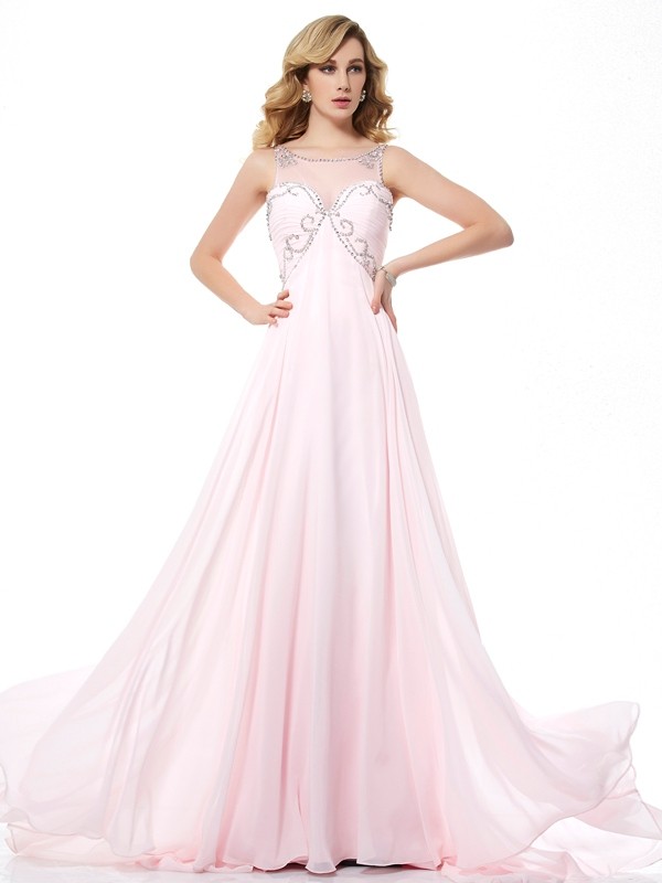 A-Line/Princess Scoop Sleeveless Beading Long Chiffon Dresses 4342