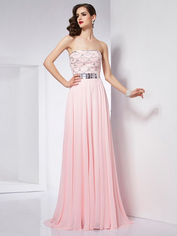 A-Line/Princess Strapless Sleeveless Beading Long Chiffon Dresses 4770