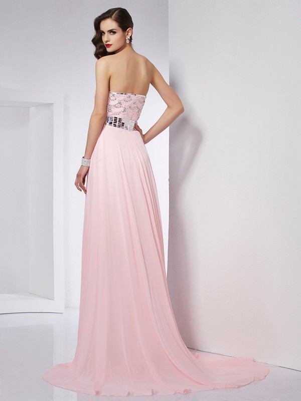 A-Line/Princess Strapless Sleeveless Beading Long Chiffon Dresses 4770