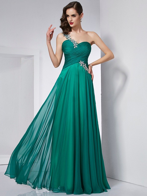 A-Line/Princess One-Shoulder Sleeveless Long Chiffon Dresses 3914