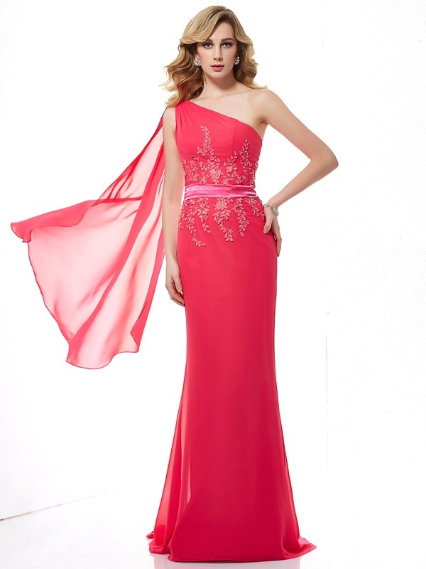 Sheath/Column One-Shoulder Applique Sleeveless Beading Long Chiffon Dresses 6149