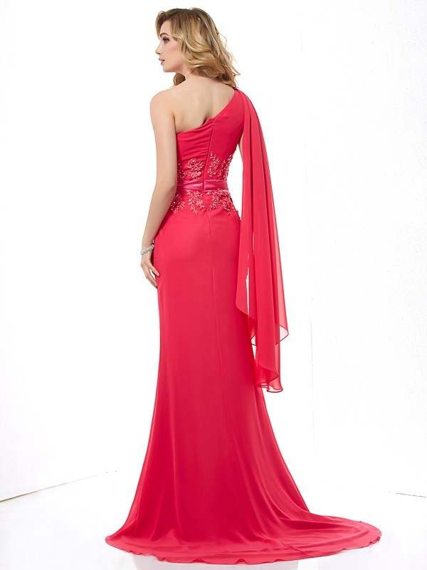 Sheath/Column One-Shoulder Applique Sleeveless Beading Long Chiffon Dresses 6149