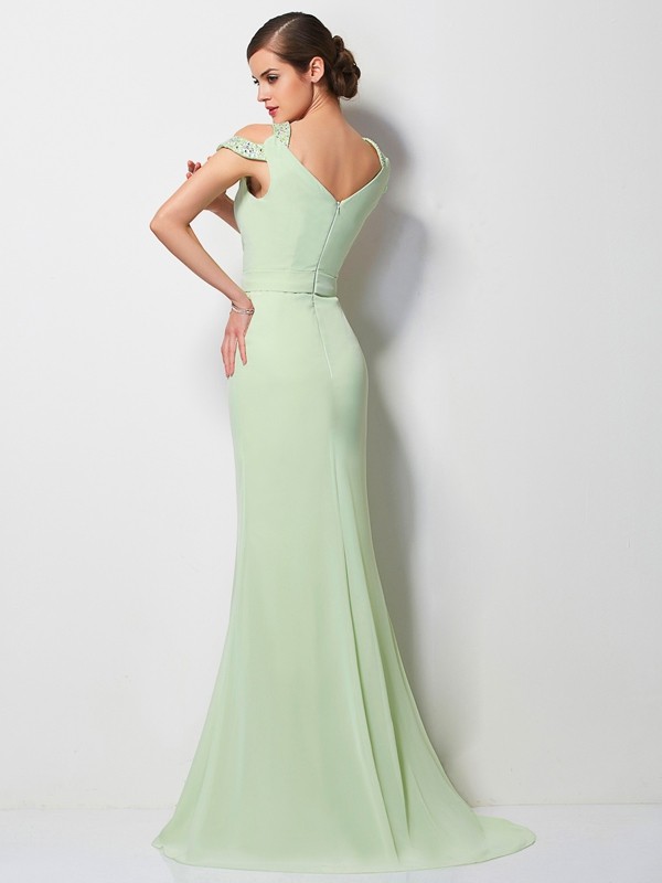 A-Line/Princess V-neck Sleeveless Beading Long Chiffon Dresses 5520