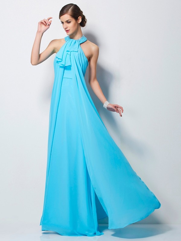 Sheath/Column Halter Sleeveless Beading Long Chiffon Dresses 5959