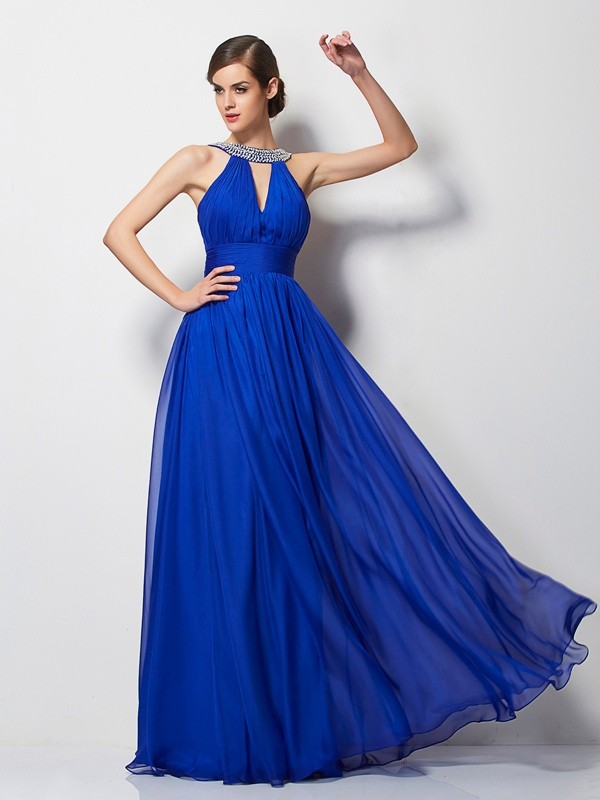 A-Line/Princess V-neck Sleeveless Beading Long Chiffon Dresses 5521