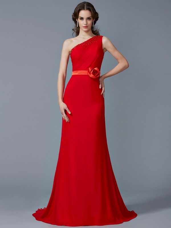 A-Line/Princess One-Shoulder Sleeveless Beading Long Chiffon Dresses 3899