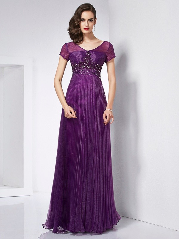 A-Line/Princess V-neck Short Sleeves Beading Long Organza Dresses 5504