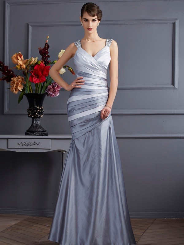 Trumpet/Mermaid Straps Sleeveless Pleats Long Satin Dresses 7448