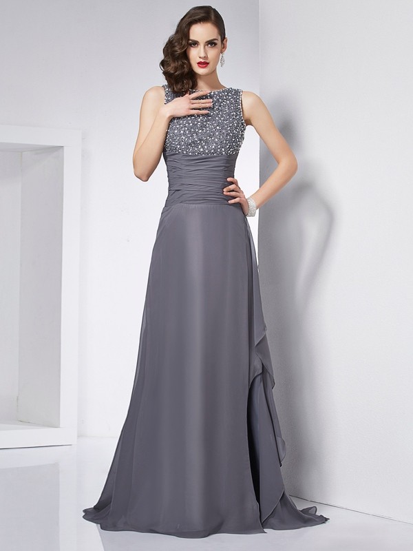 A-Line/Princess Jewel Sleeveless Beading Long Chiffon Dresses 3691