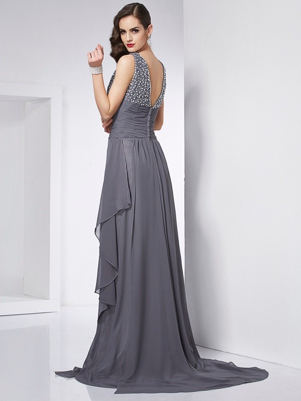 A-Line/Princess Jewel Sleeveless Beading Long Chiffon Dresses 3691