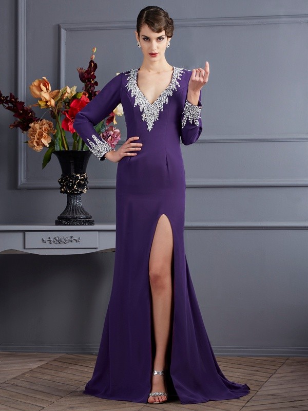 Trumpet/Mermaid V-neck Long Sleeves Beading Long Chiffon Dresses 7586