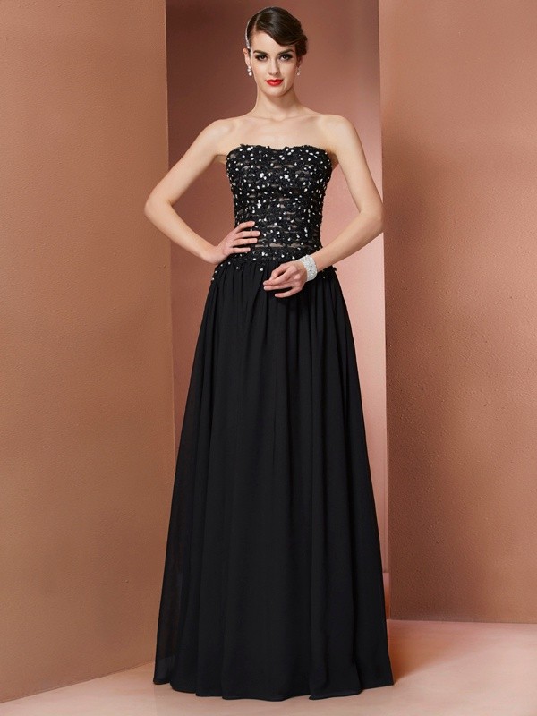 A-Line/Princess Strapless Sleeveless Beading Long Chiffon Dresses 4771