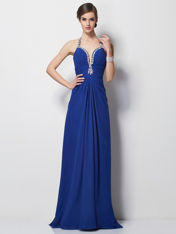 A-Line/Princess Halter Sleeveless Beading Long Chiffon Dresses 3587