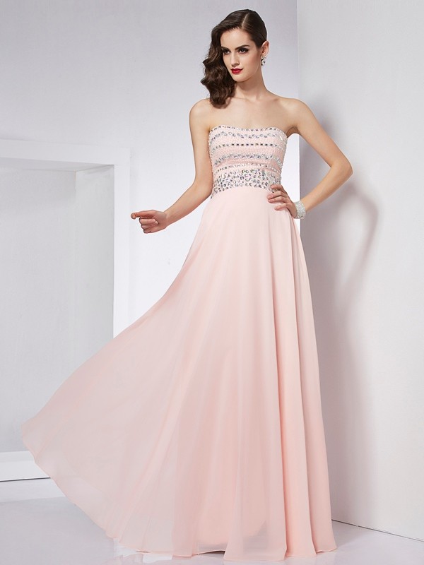 A-Line/Princess Strapless Sleeveless Beading Long Chiffon Dresses 4772