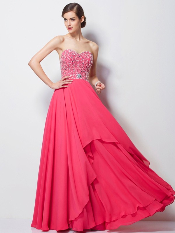 A-Line/Princess Sweetheart Sleeveless Beading Long Chiffon Dresses 5055