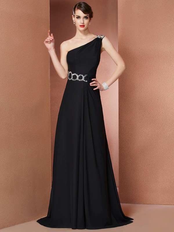 A-Line/Princess One-Shoulder Sleeveless Beading Long Chiffon Dresses 3901