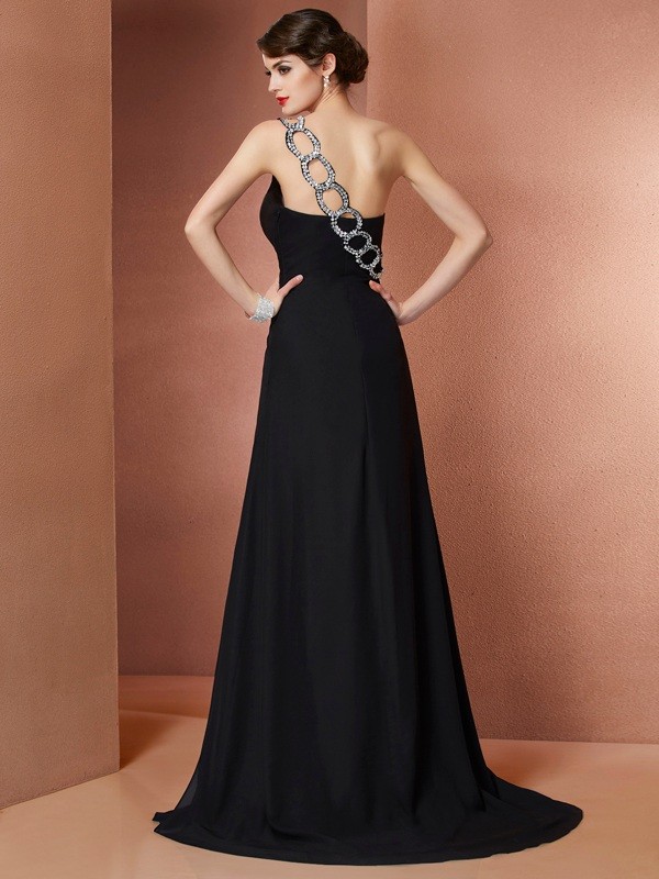 A-Line/Princess One-Shoulder Sleeveless Beading Long Chiffon Dresses 3901