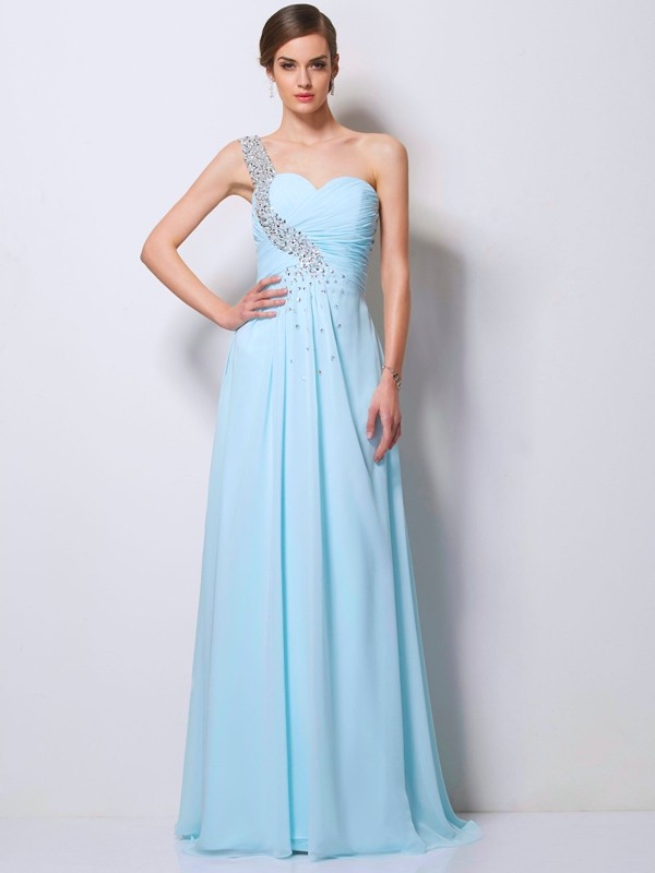 A-Line/Princess One-Shoulder Sleeveless Beading Long Chiffon Dresses 3902