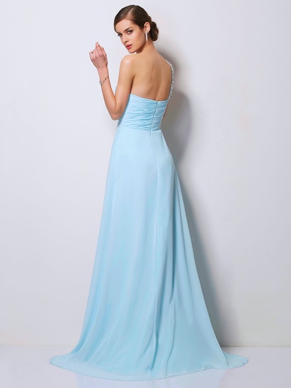 A-Line/Princess One-Shoulder Sleeveless Beading Long Chiffon Dresses 3902