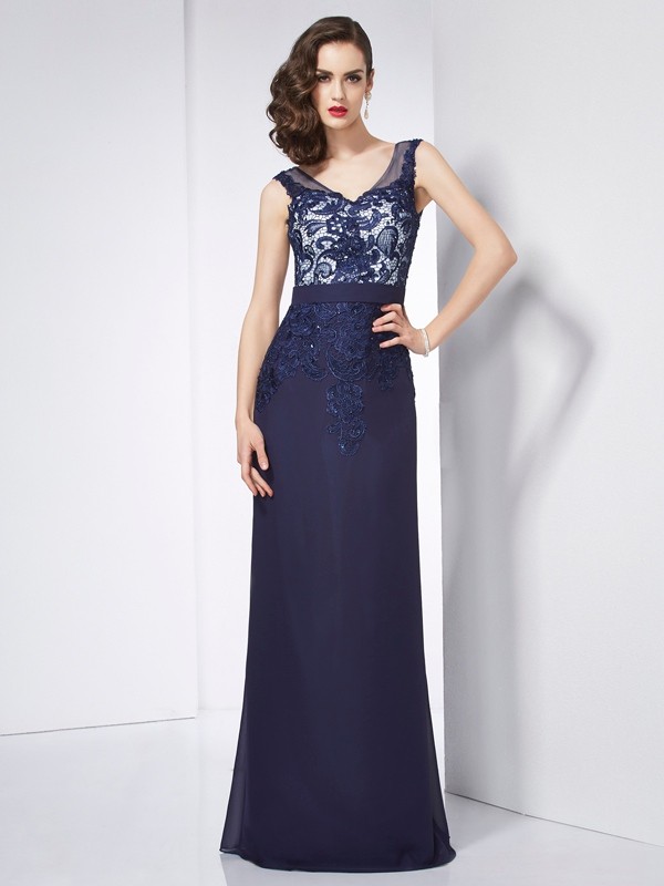 Sheath/Column V-neck Sleeveless Beading Applique Long Chiffon Dresses 6888