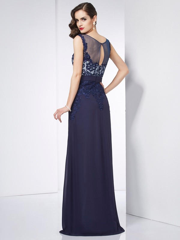 Sheath/Column V-neck Sleeveless Beading Applique Long Chiffon Dresses 6888