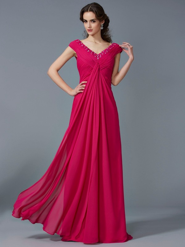 A-Line/Princess Beading V-neck Short Sleeves Long Chiffon Dresses 3427