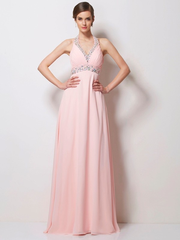 A-Line/Princess Halter Sleeveless Beading Long Chiffon Dresses 3588