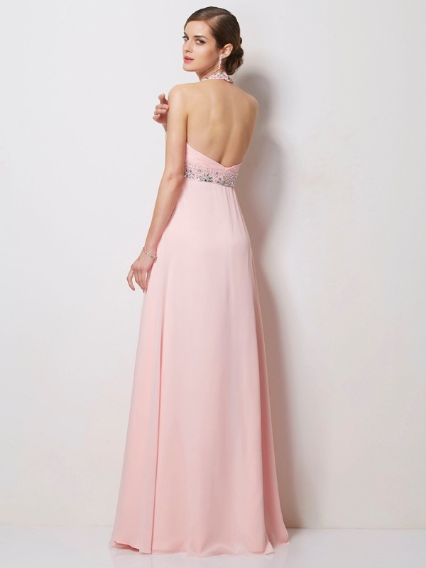 A-Line/Princess Halter Sleeveless Beading Long Chiffon Dresses 3588