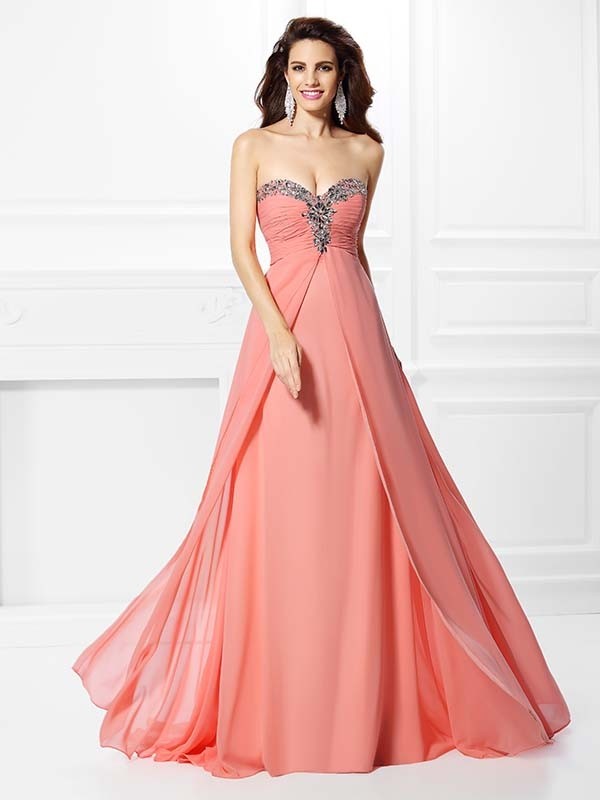 A-Line/Princess Sweetheart Beading Sleeveless Long Chiffon Dresses 4912