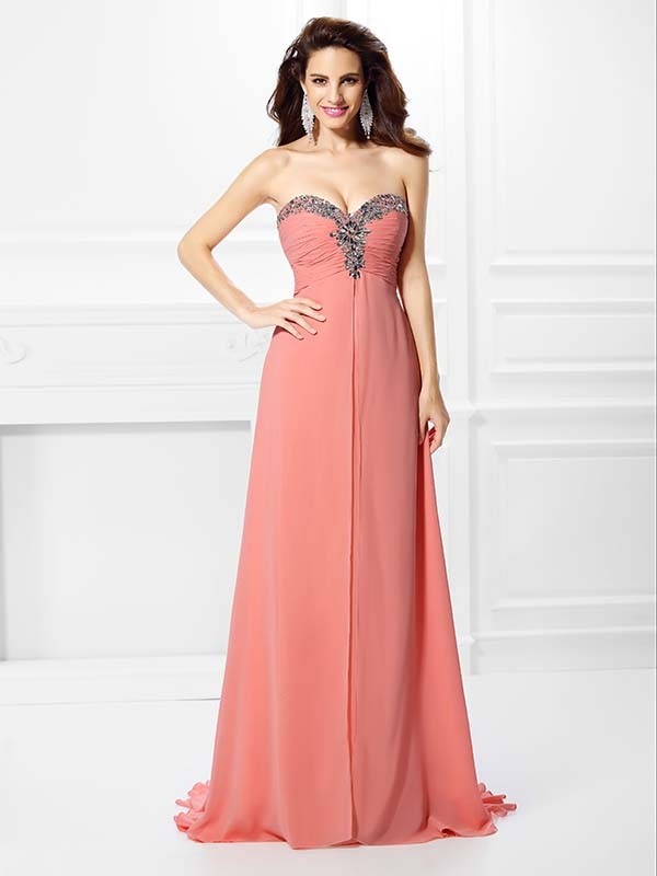 A-Line/Princess Sweetheart Beading Sleeveless Long Chiffon Dresses 4912