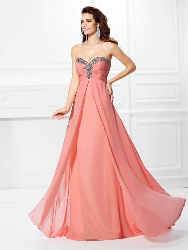 A-Line/Princess Sweetheart Beading Sleeveless Long Chiffon Dresses 4912