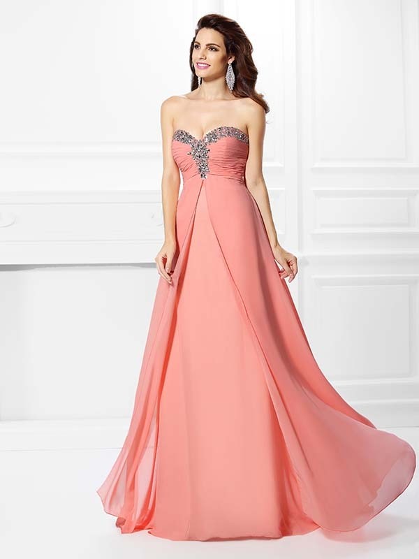 A-Line/Princess Sweetheart Beading Sleeveless Long Chiffon Dresses 4912