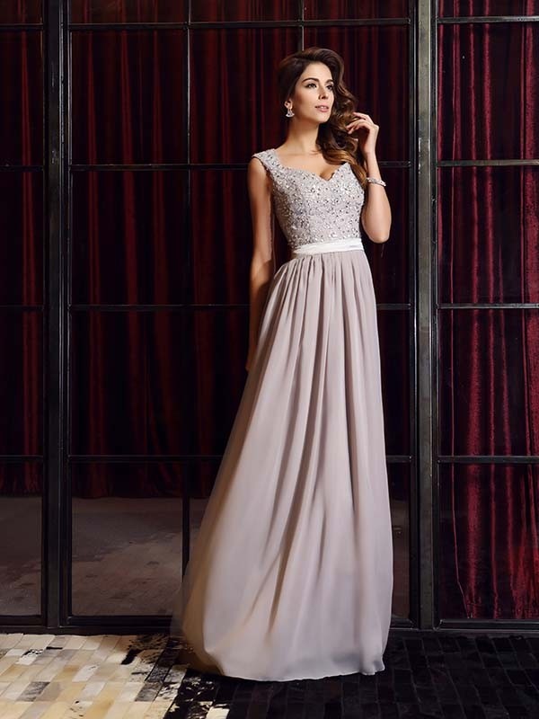 A-Line/Princess Straps Applique Sleeveless Long Chiffon Dresses 4798