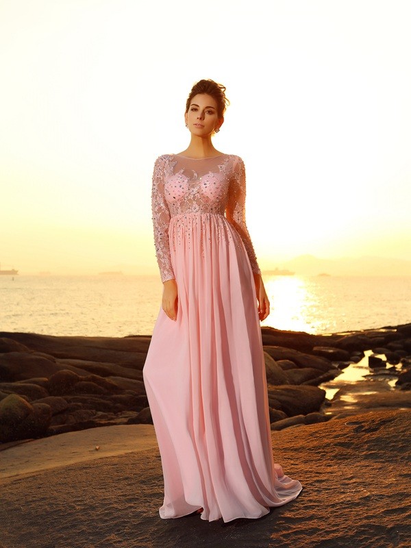 A-Line/Princess Bateau Beading Long Sleeves Long Chiffon Dresses 3364