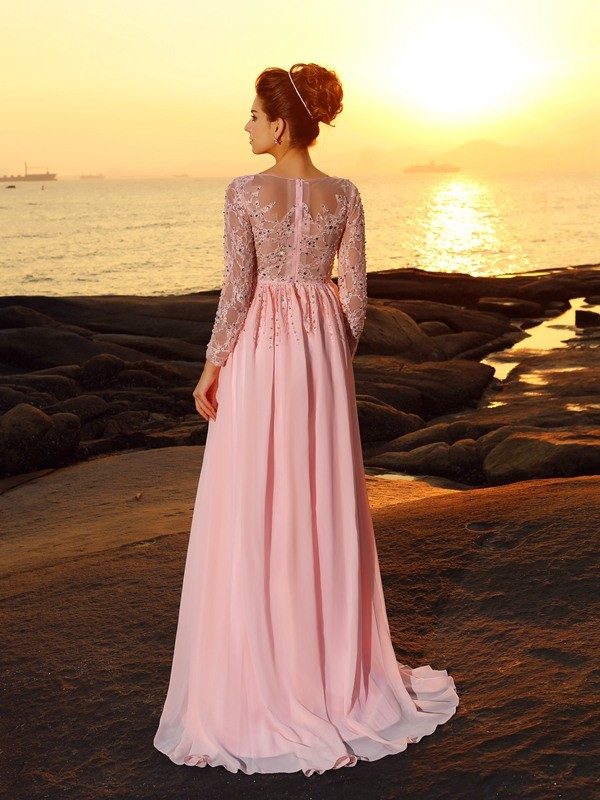 A-Line/Princess Bateau Beading Long Sleeves Long Chiffon Dresses 3364