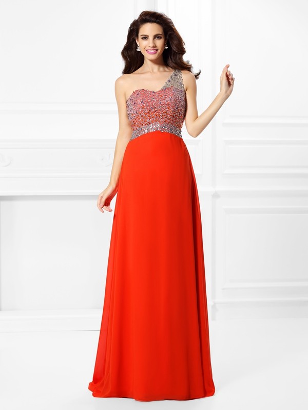 A-Line/Princess One-Shoulder Beading Sleeveless Long Chiffon Dresses 3838